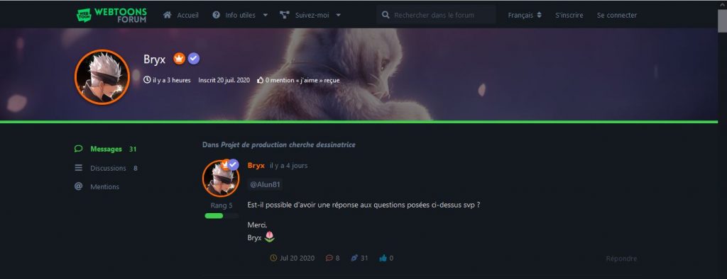 Le fondateur de WebToons Forum, Bryx, sur ses réseaux et sur son forum signe d'un emoji tulipe et a toujours le même avatar caractéristique.