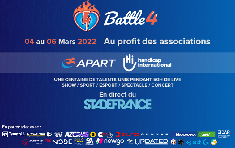 Du 4 au 6 mars une centaine de talents interviennent pour soutenir l'association Battle 4. Les bénéfices de l'événement Battle 4 seront reversés à deux autres associations.