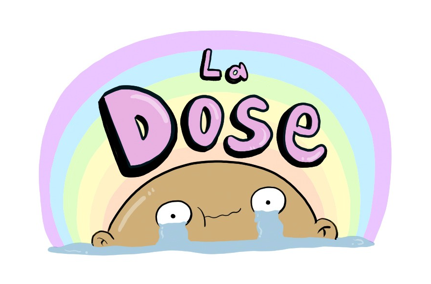 Un personnage marrant de La Dose qui pleure avec un arc-en-ciel en fond