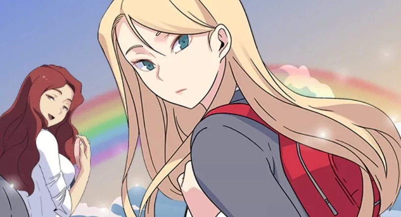 Fleur et son amie qui regardent derrière elle devant un arc en ciel