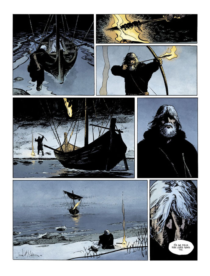 Thorgal de la BD éponymé lance une flèche en feu sur son bateau