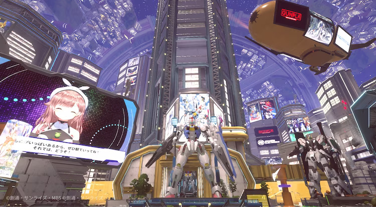 Boutique 3D avec un Gundam et l'IA Mellow dans une ville