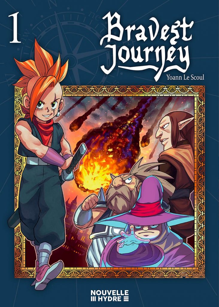 Jubei, protagoniste de Bravest Journey sur un fond bleu et une cadre avec d'autres personnages et des météorites