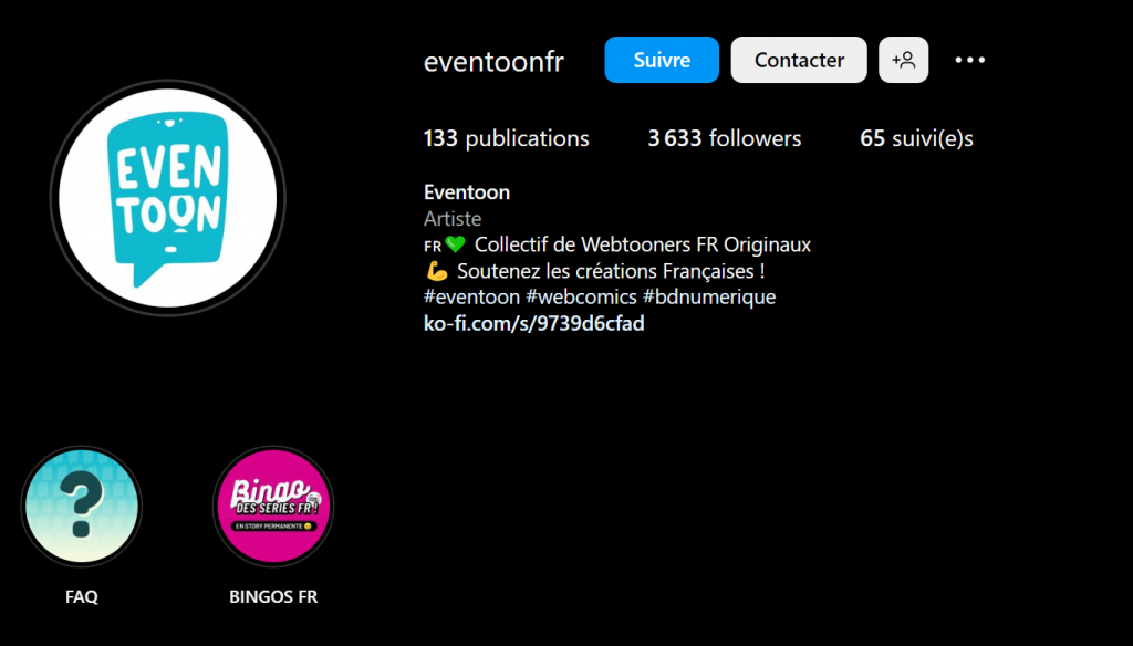 Eventoon et sa page Instagram avec FAQ et BINGOS FR en tant que Story enregistrées