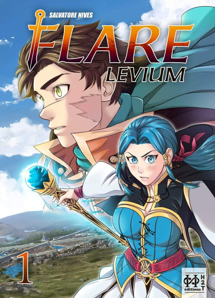Flare et Fen Ravia, du manga Flare Levium, avec en fond une grande étendue d'herbe et une ville