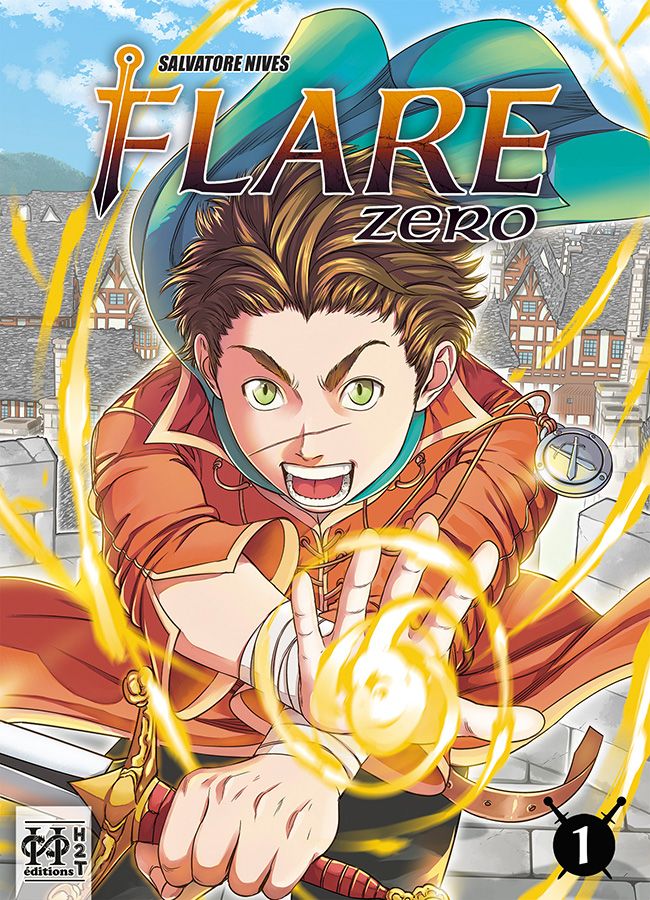 Alexander Draco, protagoniste de Flare Zero avec dans le fond une ville médiévale