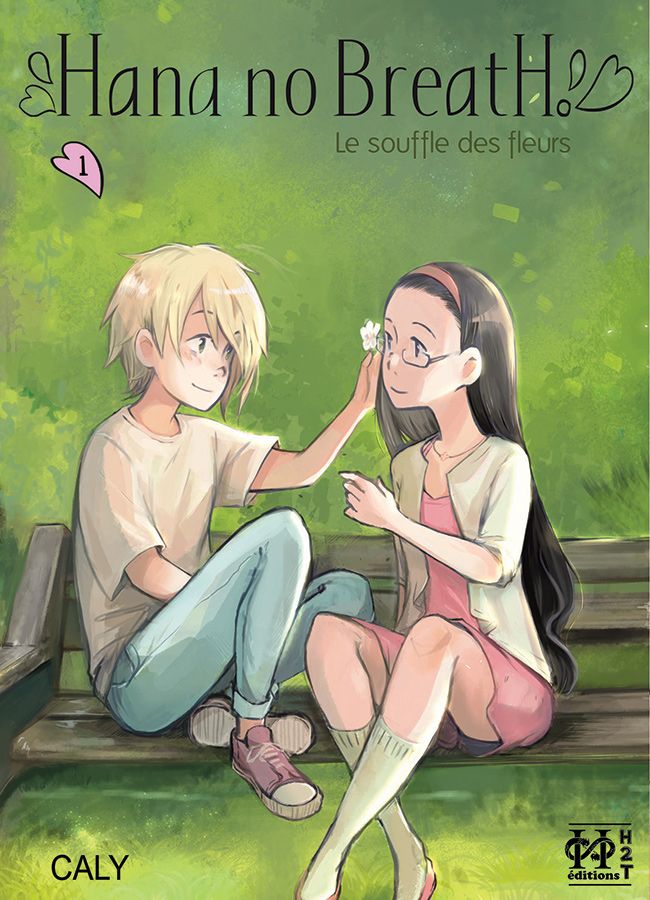 Gwen et Azami, protagonistes de Hana no Breath, assis sur un banc avec de l'herbe
