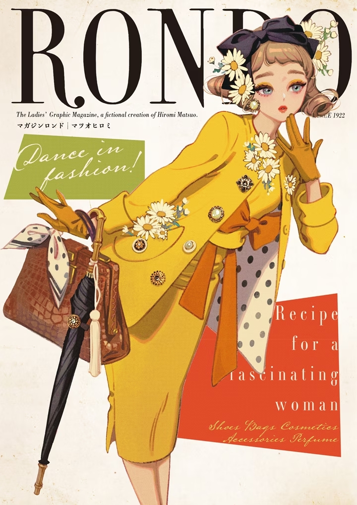 Le magazine Rondo où l'on voit une femme en tenue jaune avec un sac et un parapluie
