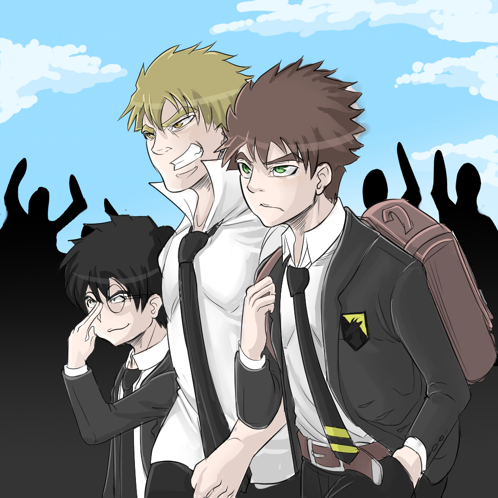 Trois personnages de Les commandements du Lycéen qui marchent devant une foule d'élèves