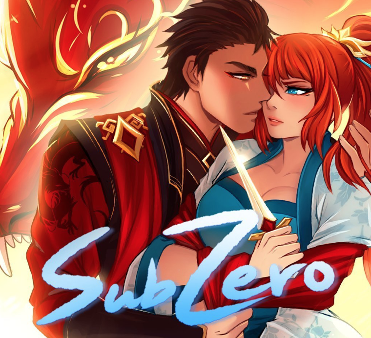 Clove et Kyro s'enlaçant avec un dragon dans le fond