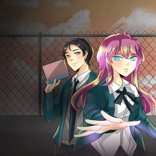 John et Sera sur un fond de toit d'école avec un grillage