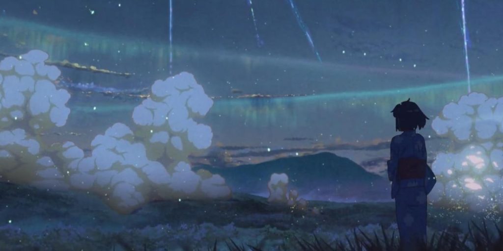 Mitsuha observant l'épave.