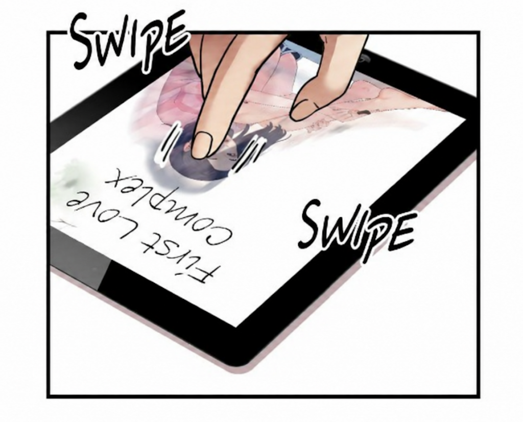 Doigts faisant défiler une planche de webtoon sur une tablette, avec l’onomatopée “swipe”.